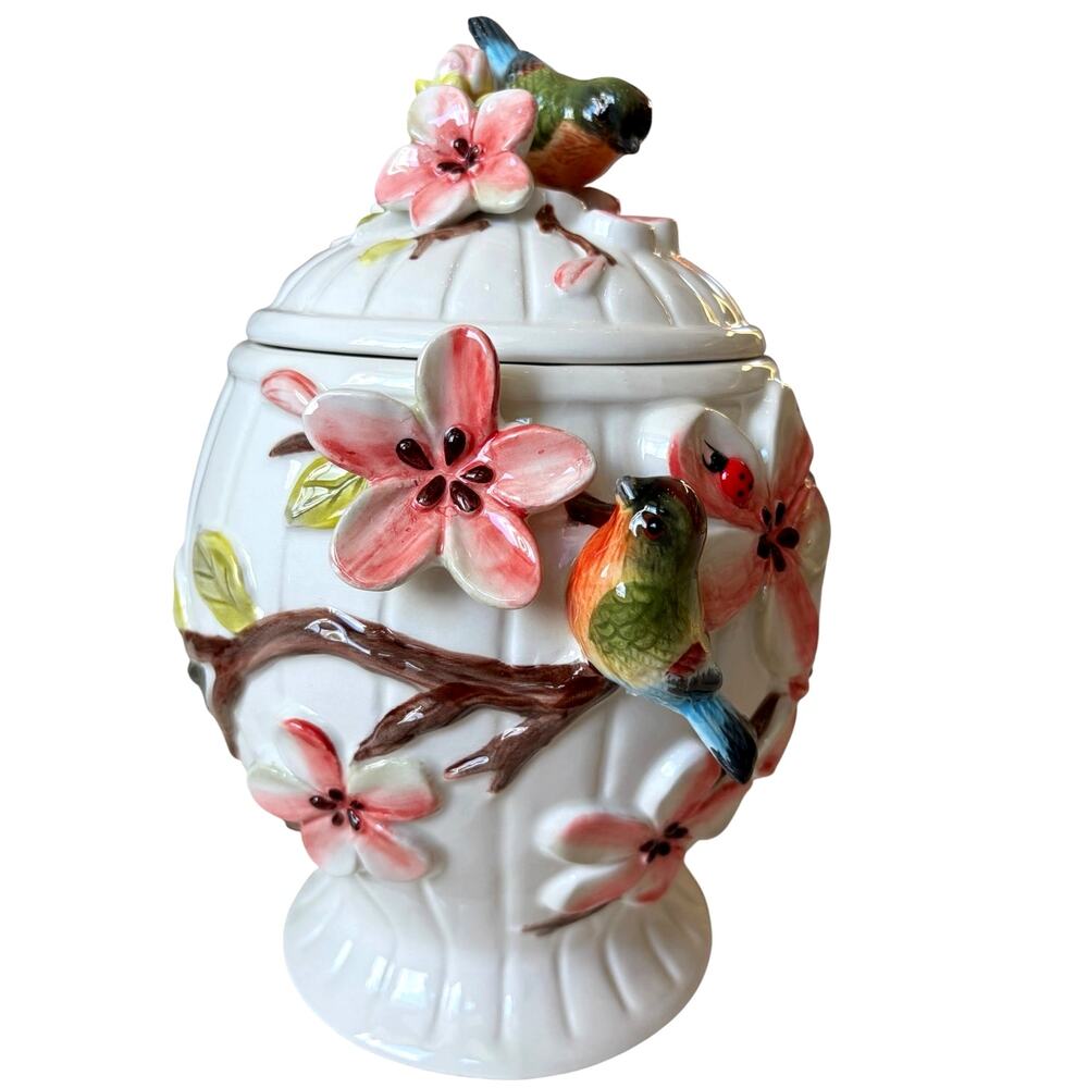 Botanical Collection by Corner Ruby 3D Floral Hummingbird Ceramic Canister NEW